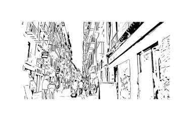 Pamplona 'nın simgesi olan Print Building View, İspanya' nın başkentidir. Vektörde elle çizilmiş çizim çizimi.