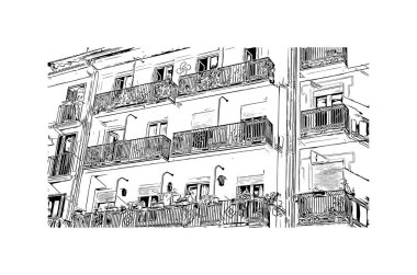 Pamplona 'nın simgesi olan Print Building View, İspanya' nın başkentidir. Vektörde elle çizilmiş çizim çizimi.