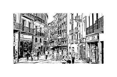 Pamplona 'nın simgesi olan Print Building View, İspanya' nın başkentidir. Vektörde elle çizilmiş çizim çizimi.