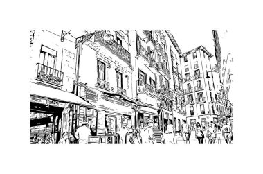 Pamplona 'nın simgesi olan Print Building View, İspanya' nın başkentidir. Vektörde elle çizilmiş çizim çizimi.
