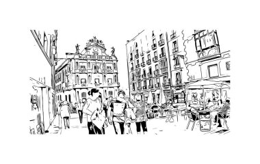 Pamplona 'nın simgesi olan Print Building View, İspanya' nın başkentidir. Vektörde elle çizilmiş çizim çizimi.