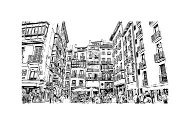 Pamplona 'nın simgesi olan Print Building View, İspanya' nın başkentidir. Vektörde elle çizilmiş çizim çizimi.