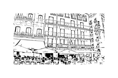 Pamplona 'nın simgesi olan Print Building View, İspanya' nın başkentidir. Vektörde elle çizilmiş çizim çizimi.