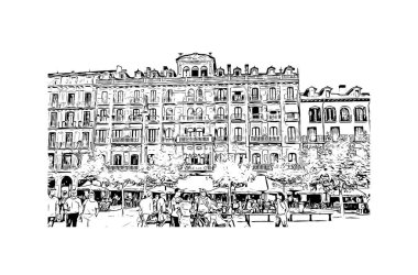 Pamplona 'nın simgesi olan Print Building View, İspanya' nın başkentidir. Vektörde elle çizilmiş çizim çizimi.
