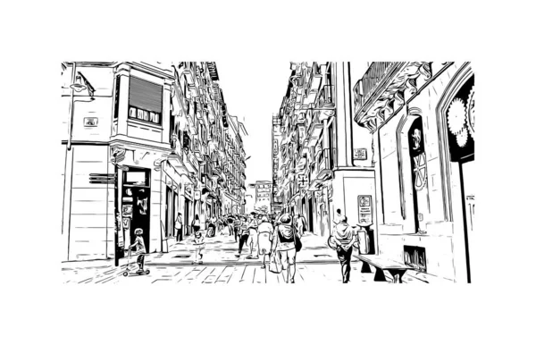 Print Building Vista Com Marco Pamplona Cidade Espanha Desenho Desenhado — Vetor de Stock