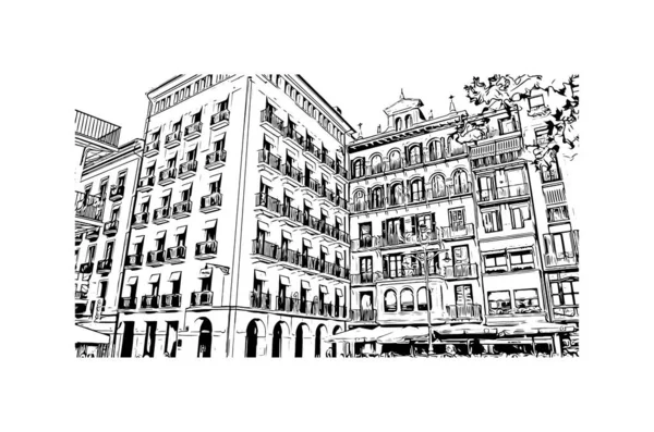 Stampa Vista Edificio Con Punto Riferimento Pamplona Città Spagna Illustrazione — Vettoriale Stock