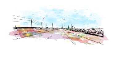 Print Building view with landmark of Panama is the country in Central America. Vektörde elle çizilmiş resim ile suluboya sıçraması.