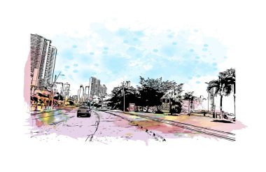 Panama şehrinin simgesi olan Print Building View, Panama 'nın başkentidir. Vektörde elle çizilmiş resim ile suluboya sıçraması.