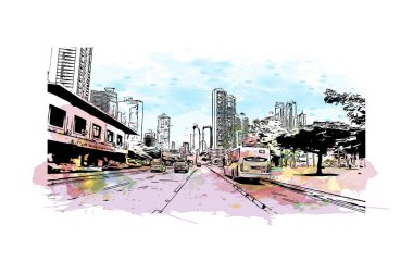 Panama şehrinin simgesi olan Print Building View, Panama 'nın başkentidir. Vektörde elle çizilmiş resim ile suluboya sıçraması.