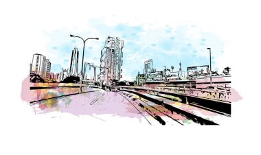 Panama şehrinin simgesi olan Print Building View, Panama 'nın başkentidir. Vektörde elle çizilmiş resim ile suluboya sıçraması.