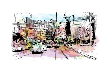 Panama şehrinin simgesi olan Print Building View, Panama 'nın başkentidir. Vektörde elle çizilmiş resim ile suluboya sıçraması.