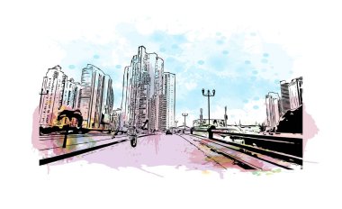 Panama şehrinin simgesi olan Print Building View, Panama 'nın başkentidir. Vektörde elle çizilmiş resim ile suluboya sıçraması.