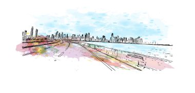 Panama şehrinin simgesi olan Print Building View, Panama 'nın başkentidir. Vektörde elle çizilmiş resim ile suluboya sıçraması.