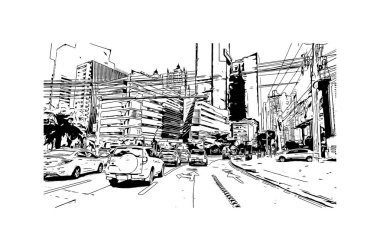 Panama şehrinin simgesi olan Print Building View, Panama 'nın başkentidir. Vektörde elle çizilmiş çizim çizimi.