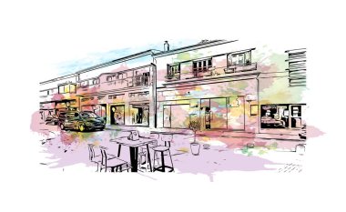Paphos 'un simgesi olan Print Building view Kıbrıs Rum Kesimi' nin kentidir. Vektörde elle çizilmiş resim ile suluboya sıçraması.