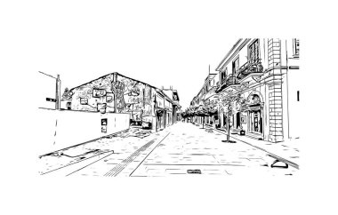 Paphos 'un simgesi olan Print Building view Kıbrıs Rum Kesimi' nin kentidir. Vektörde elle çizilmiş çizim çizimi.