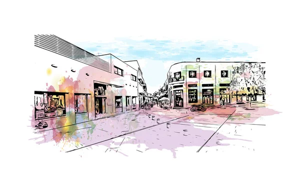 Print Building View Landmark Paphos City Cyprus Watercolor Splash Hand — Stock Vector