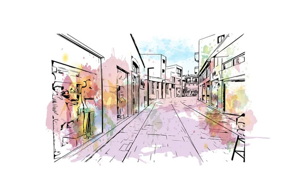 印刷パフォスのランドマークとビルの景色はキプロスの街です 手描きのスケッチイラストと水彩スプラッシュベクトル — ストックベクタ