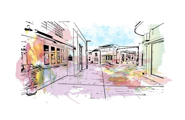 Print Building View Landmark Paphos Staden Cypern Akvarell Stänk Med — Stock vektor