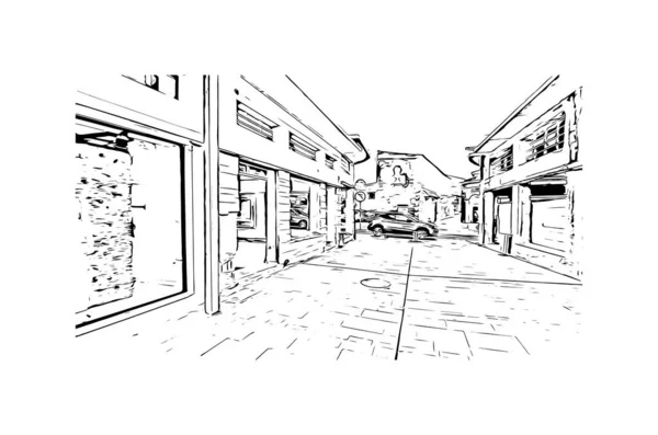 Imprimir Vista Edifício Com Marco Paphos Cidade Cyprus Desenho Desenhado — Vetor de Stock