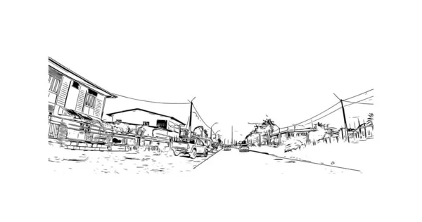具有帕拉马里博地标的印刷建筑景观是苏里南的首都 矢量手绘草图 — 图库矢量图片