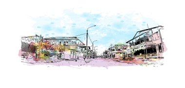 Print Building view with landmark of Paramaribo is the capital city in Surinam. Vektörde elle çizilmiş resim ile suluboya sıçraması.