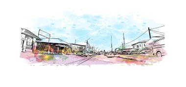 Print Building view with landmark of Paramaribo is the capital city in Surinam. Vektörde elle çizilmiş resim ile suluboya sıçraması.