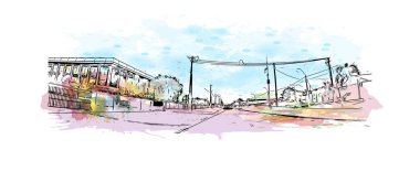 Print Building view with landmark of Paramaribo is the capital city in Surinam. Vektörde elle çizilmiş resim ile suluboya sıçraması.