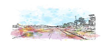 Palm Bay 'in simgesi olan Print Building View, Florida' daki bir şehirdir. Vektörde elle çizilmiş resim ile suluboya sıçraması.