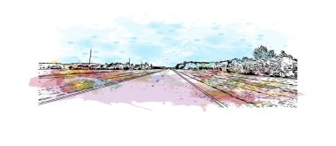 Palm Bay 'in simgesi olan Print Building View, Florida' daki bir şehirdir. Vektörde elle çizilmiş resim ile suluboya sıçraması.