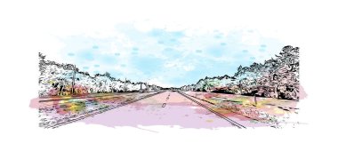 Palm Bay 'in simgesi olan Print Building View, Florida' daki bir şehirdir. Vektörde elle çizilmiş resim ile suluboya sıçraması.