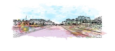 Palm Bay 'in simgesi olan Print Building View, Florida' daki bir şehirdir. Vektörde elle çizilmiş resim ile suluboya sıçraması.