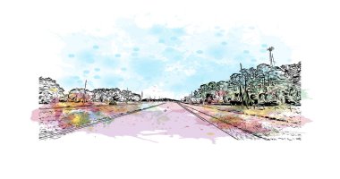 Palm Bay 'in simgesi olan Print Building View, Florida' daki bir şehirdir. Vektörde elle çizilmiş resim ile suluboya sıçraması.