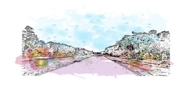 Palm Bay 'in simgesi olan Print Building View, Florida' daki bir şehirdir. Vektörde elle çizilmiş resim ile suluboya sıçraması.