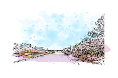 Palm Bay 'in simgesi olan Print Building View, Florida' daki bir şehirdir. Vektörde elle çizilmiş resim ile suluboya sıçraması.