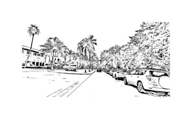 Palm Beach manzaralı Print Building, Güney Florida 'da bir şehirdir. Elle çizilmiş çizim illüstrasyon mucidiyle suluboya sıçraması.