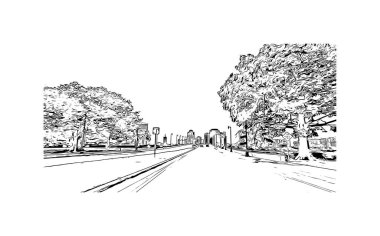 Palm Beach manzaralı Print Building, Güney Florida 'da bir şehirdir. Elle çizilmiş çizim illüstrasyon mucidiyle suluboya sıçraması.