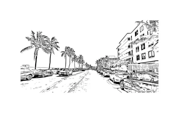 Print Building View Landmark Palm Beach Town South Florida Hand — Stock Vector