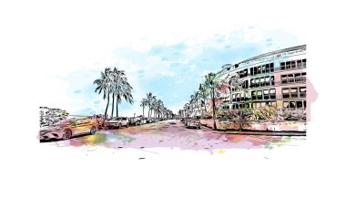 Palm Beach manzaralı Print Building, Güney Florida 'da bir şehirdir. El çizimi çizimi illüstrasyon mucidi.