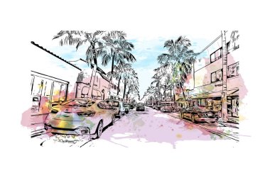 Palm Beach manzaralı Print Building, Güney Florida 'da bir şehirdir. Elle çizilmiş çizim illüstrasyon mucidiyle suluboya sıçraması.