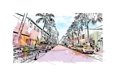 Palm Beach manzaralı Print Building, Güney Florida 'da bir şehirdir. Elle çizilmiş çizim illüstrasyon mucidiyle suluboya sıçraması.