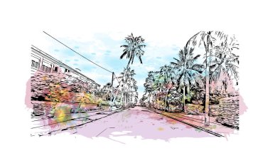 Palm Beach manzaralı Print Building, Güney Florida 'da bir şehirdir. Elle çizilmiş çizim illüstrasyon mucidiyle suluboya sıçraması.