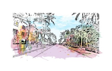 Palm Beach manzaralı Print Building, Güney Florida 'da bir şehirdir. Elle çizilmiş çizim illüstrasyon mucidiyle suluboya sıçraması.