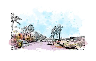 Palm Beach manzaralı Print Building, Güney Florida 'da bir şehirdir. Elle çizilmiş çizim illüstrasyon mucidiyle suluboya sıçraması.