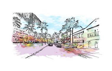 Palm Beach manzaralı Print Building, Güney Florida 'da bir şehirdir. Elle çizilmiş çizim illüstrasyon mucidiyle suluboya sıçraması.