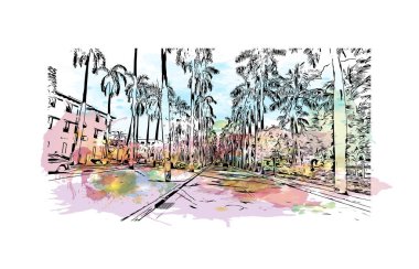 Palm Beach manzaralı Print Building, Güney Florida 'da bir şehirdir. Elle çizilmiş çizim illüstrasyon mucidiyle suluboya sıçraması.