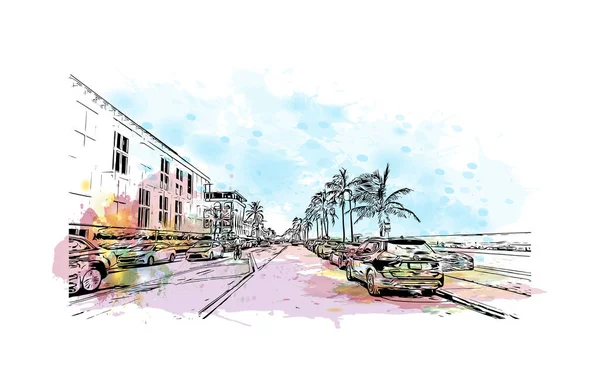 棕榈滩的标志性建筑是南佛罗里达的一个城镇 手绘素描水彩画的发明者 — 图库矢量图片