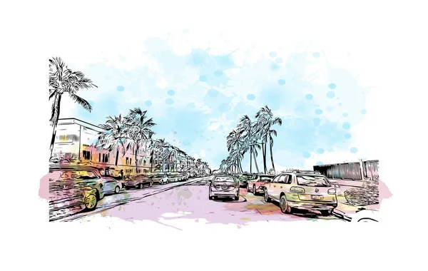 棕榈滩的标志性建筑是南佛罗里达的一个城镇 手绘素描水彩画的发明者 — 图库矢量图片