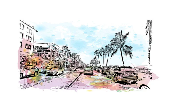 Print Building View Landmark Palm Beach Town South Florida Akvarelové — Stockový vektor