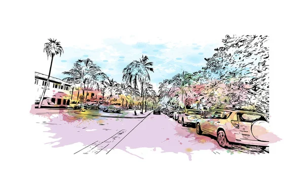Imprimir Vista Del Edificio Con Hito Palm Beach Una Ciudad — Vector de stock